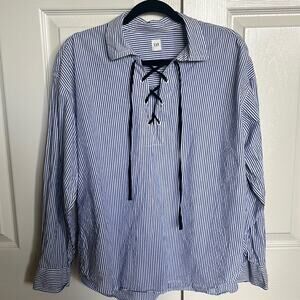Gap blue striped long sleeve lace up collar shirt.